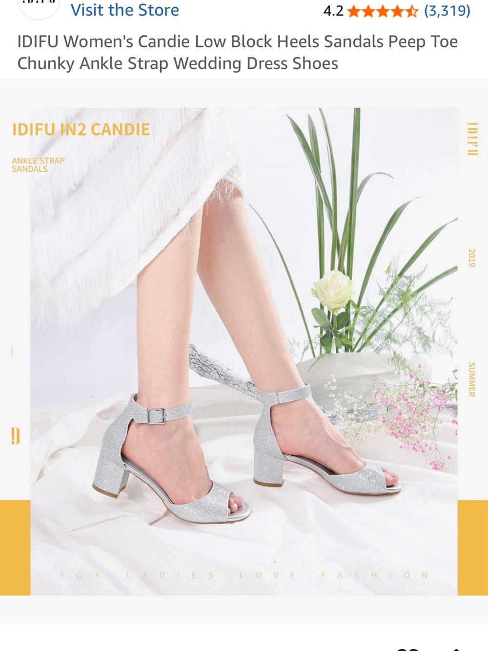 IDIFU Silver Glitter Ankle-Strap Block Heel Sandals